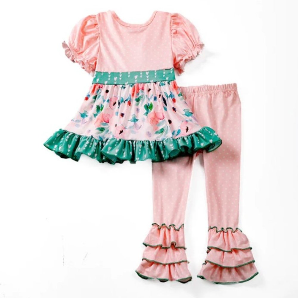 Boutique Floral Tunic Dress & Ruffle Leggings Girls Outfit Set - Picture 5 of 6